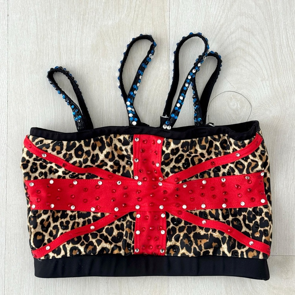 Girls Leopard Union Jack UK Rhinestone Dance Crop Top Costume Spice Girls Small